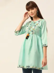 Sangria Women Sea Green Floral Embroidered Pure Cotton Thread Work Pleated Short Kurti