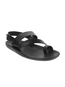 Metro Men Black Solid Leather Comfort Sandals