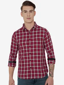 Greenfibre Men Red Slim Fit Grid Tattersall Checks Checked Casual Shirt