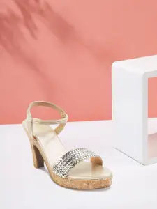 Mochi Gold-Toned Woven Design Block Heels