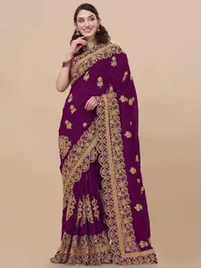 Vaidehi Fashion Purple & Gold-Toned Floral Embroidered Silk Blend  Saree