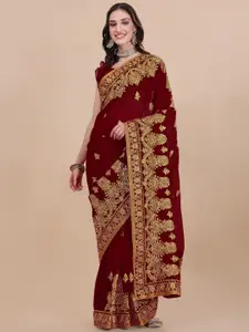 Vaidehi Fashion Maroon & Gold-Toned Floral Embroidered Pure Georgette  Saree