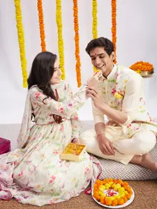 VASTRAMAY Men Cream Floral Printed Nehru Jacket