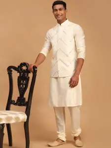 VASTRAMAY Men Cream-Coloured Kurta & Churidar With Mirror Work Jacket Set