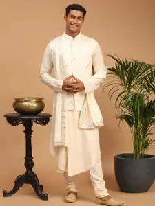 VASTRAMAY Men Cream Pleated Kurta With Churidar & Nehru Jacket With Dupatta