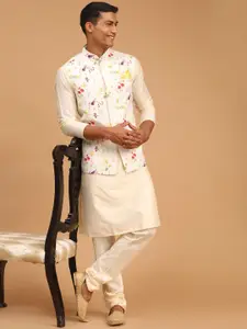 VASTRAMAY Men Solid Kurta and Churidar with Floral Printed Nehru Jacket