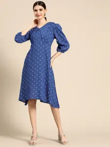 Anouk Women Blue & White Polka Dots A-Line Knee Length Dress