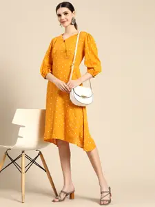 Anouk Mustard Yellow & White Polka Dots Print A-Line Dress