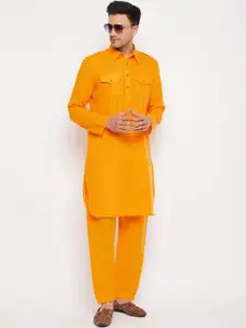 VASTRAMAY Men Mustard Yellow Solid Pathani Kurta with Salwar