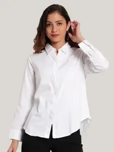 Indietoga Women Plus Size White Solid Slim Fit Cotton Formal Shirts