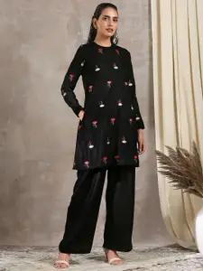 trueBrowns Women Black Floral Embroidered Flared Sleeves Velvet Kurta