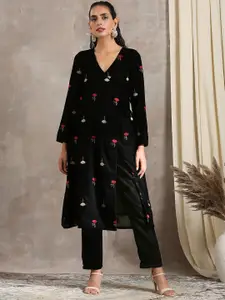 trueBrowns Women Black Floral Embroidered Regular Sleeves Thread Work Velvet Kurta