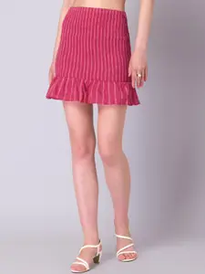 FabAlley Women Pink Striped Ruffled Smocked Pure Cotton Mini Skirt
