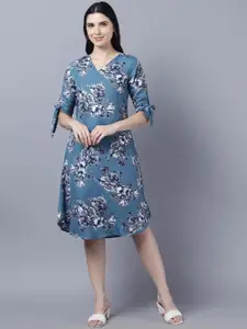 Myshka Blue Floral Crepe A-Line Dress