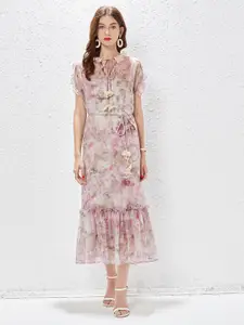 JC Collection Pink Floral Tie-Up Neck A-Line Midi Dress