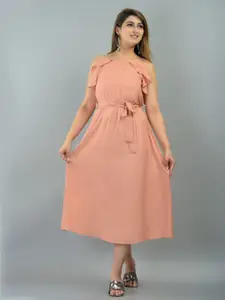 IQRAAR Peach-Coloured Off-Shoulder Midi Dress