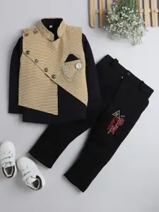 DKGF FASHION Boys Beige & Black Striped Shirt with Trousers