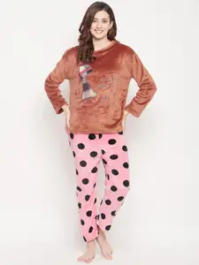 Camey Women Brown & Pink Printed Night suit