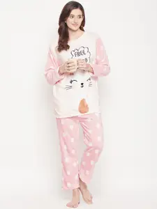 Camey Women Pink & Off White Printed Night suit