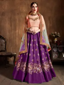 FABPIXEL Purple & Pink Embroidered Semi-Stitched Lehenga & Unstitched Blouse With Dupatta