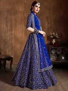 FABPIXEL Women Blue & Gold Thread Work Semi-Stitched Lehenga & Unstitched Blouse &Dupatta