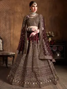 FABPIXEL Maroon & Gold-Toned Embroidered Semi-Stitched Lehenga & Unstitched Blouse With Dupatta