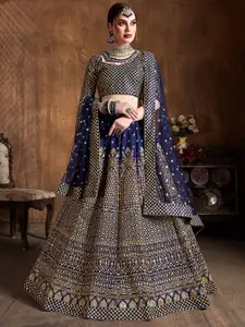 FABPIXEL Women Navy Blue & Gold Embroidered  Semi-Stitched Lehenga Choli Set