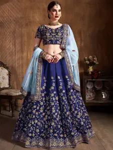 FABPIXEL Navy Blue & Gold-Toned Embroidered Thread Work Semi-Stitched Lehenga & Unstitched Blouse With