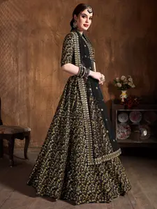 FABPIXEL Black & Gold-Toned Embroidered Semi-Stitched Lehenga & Unstitched Blouse With Dupatta