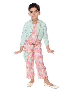 Nottie Planet Girls Pink & Blue Printed Top with Palazzos