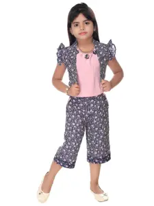 Nottie Planet Girls Pink & Navy Blue Printed Top with Trousers