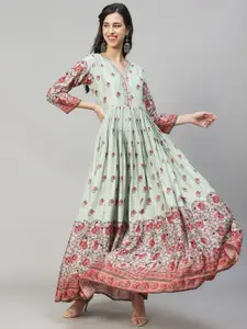 FASHOR Women Green Floral Chiffon Maxi Dress