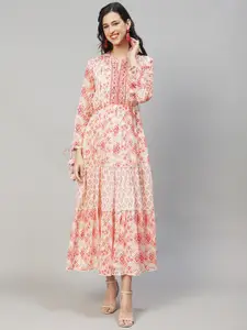 FASHOR Women Off White & Orange Pure Cotton Maxi Dress