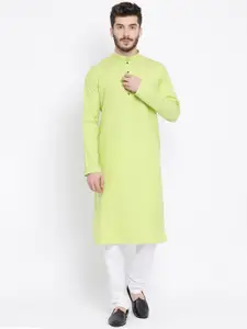 NAMASKAR Men Green Solid Cotton Kurta with Churidar