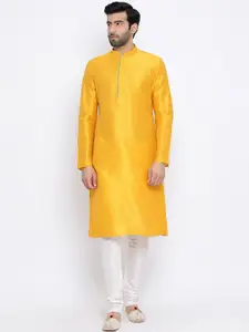 NAMASKAR Men Yellow Dupion Silk Kurta with Churidar