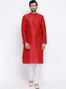 NAMASKAR Men Red Dupion Silk Kurta with Churidar