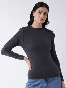 RVK Women Charcoal Ribbed Pullover Sweater