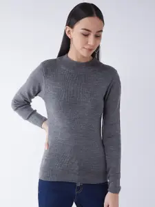 RVK Women Grey Ribbed Pullover Sweater