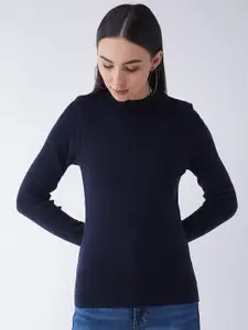 RVK Women Navy Blue Ribbed Pullover Sweater
