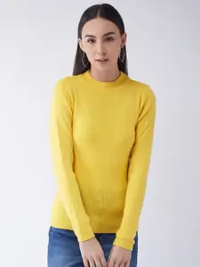 RVK Women Plus Size Yellow Ribbed Pullover