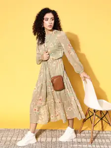 plusS Women Enchanting Olive Floral Resort Wear Dress