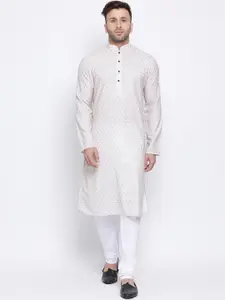NAMASKAR Men Off White Cotton Linen Printed Kurta