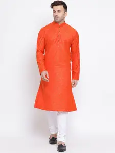 NAMASKAR Men Orange Cotton Printed Kurta