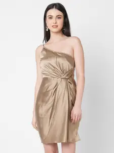 MISH Bronze-Toned One Shoulder Satin Sheath Dress