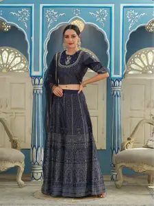 Juniper Navy Blue & Gold-Toned Embroidered Ready to Wear Lehenga & Blouse With Dupatta