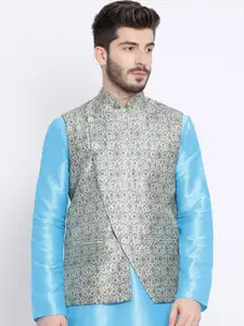 NAMASKAR Men Green Woven Design Pure Silk Nehru Jacket