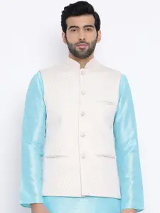 NAMASKAR Men White & Pink Printed Woven Nehru Jacket