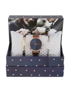 FLUID Women Rose Gold And Blue Watch And Bracelet Gift Set