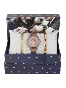 FLUID Women Rose Gold-Toned & Copper-Colored Watch & Jewellery Gift Set