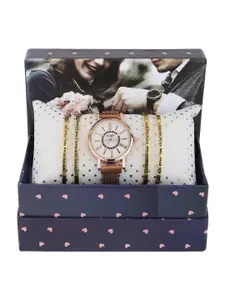 FLUID Women Rose-Toned Watch & Bangle Gift Set